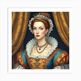 Queen Elizabeth I In Watercolor, Detailed Fabric, Royal Ambiance 1 Art Print