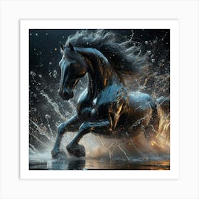 Black Horse Running In Water Art Print
