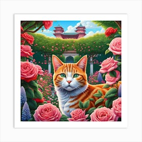 Cat's Meow in the Rose Garden Art Print