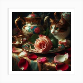 Cat And Roses 1 Art Print