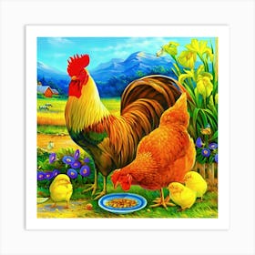 Chickens And Flowers Art Print