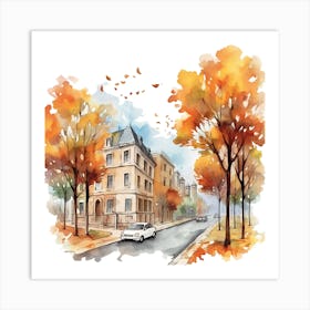 Watercolor Autumn Street Scene Art Print