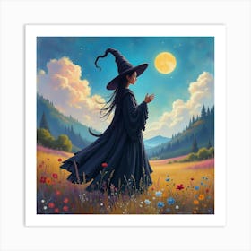 Black Magic Witch In A Colorful Watercolor Landscape 1 Art Print