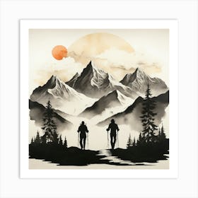 Boho art silhouette of Mountains and skiers 1 Art Print