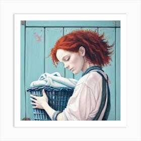 Woman With Red Hair and Laundry Art Print