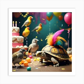 Tortoise With Feather On Is Shell Sneaking Into The Bird S Party And Making Himself At Home (3) Art Print