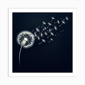 "Whispers of the Wind"  A single dandelion loses its seeds to the gentle caress of the wind, each seed a delicate dance of light and shadow against the dark canvas. This moment of fleeting beauty is captured with a remarkable attention to detail, highlighting the fragile yet resilient nature of life.  This artwork symbolizes hope and the delicate nature of new beginnings, making it a perfect statement piece that brings a touch of elegance and contemplation to any space. Own the essence of change and the beauty of letting go, embodied in this ethereal design. Art Print