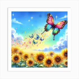 Butterfly Flying Over Sunflowers Art Print