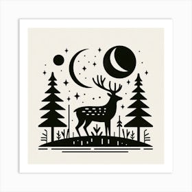 Scandinavian style, Silhouette of a deer with forest 3 Art Print