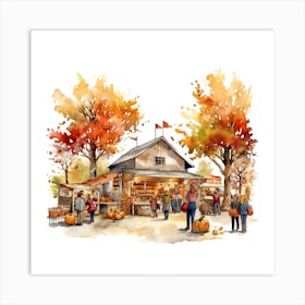 Farmers Market In Autumn Fall With Pumpkins Watercolour Art Print
