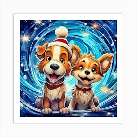 Two Dogs In Christmas Hats 1 Art Print