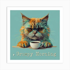 Fluffy Cat In Polynesian Art Style With Coffee Cup Art Print