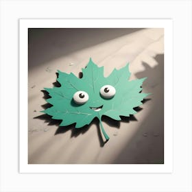 A 3d Rendering Of A Cartoonish Green Maple Leaf With Large, Googly Eyes And A Cheerful Smile, Lying On A White Surface With Light Rays Shining On It Art Print