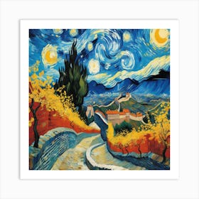 The Starry Night of the Great Wall of China through the unique Impressionist school of Vincent Van Gogh Art Print