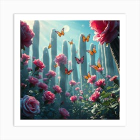 Pink Roses And Butterflies Art Print