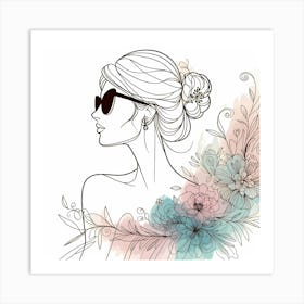 Beauty with Shades And Flowers - Pastell Color Line Drawing Art Print