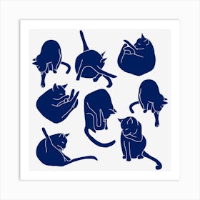 Cats Doing Cat Things Blue and White Art Print