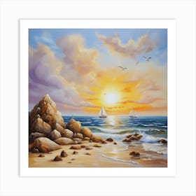 Oil painting design on canvas. Sandy beach rocks. Waves. Sailboat. Seagulls. The sun before sunset.43 Art Print