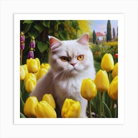 White Cat In Tulips Art Print