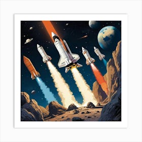 Space Odyssey Retro Poster Featuring Asteroids Rockets 2 Art Print