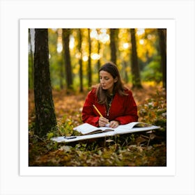 Woman Writing In The Autumn Forest 1 Art Print