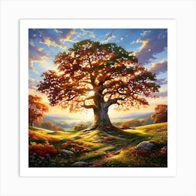 Majestic Oak Tree With Sprawling Branches Located In The Center Of A Serene Meadow Sunlight Filter 445022442 (3) Art Print