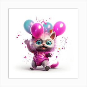 Pink Cat With Balloons Art Print