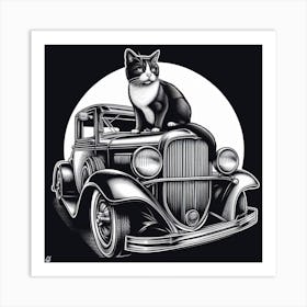 Classic Car and Cat: A Nostalgic and Classic Black and White Photograph of a Classic Car with a Cat on the Hood Art Print