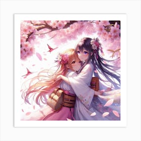 Two Anime Girls Hugging 1 Art Print