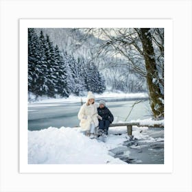 Firefly Charming Winter Walk By The Lake With Children 82698 Art Print