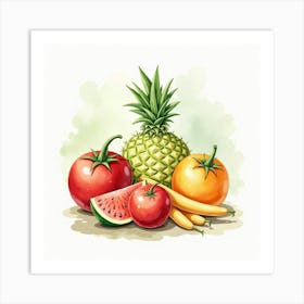 Charming Watercolor Scene Of Assorted Veggies And Fruits With A Lovely Background 1 Art Print