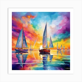 Sailboats At Sunset 3 Art Print