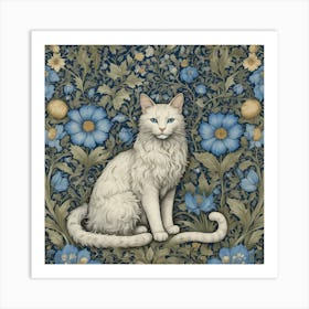 White Cat With Blue Flowers william morris inspired art Art Print