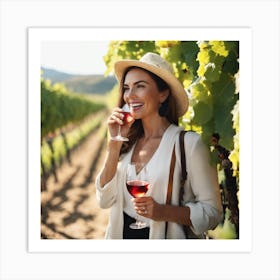 Woman Drinking Wine In A Vineyard Art Print