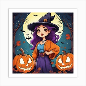 Halloween Witch With Pumpkins 2 Art Print