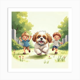 A Playful Shih Tzu Running With Kids In The Garden, Watercolor 1 Art Print