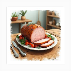 Watercolor Painting Of A Classic And Savory Roast Pork Loin On A Cozy Kitchen Table Art Print