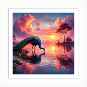 Peacock Drinking From Lake At Sunrise Art Print