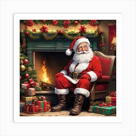 Santa Claus In Front Of Fireplace Art Print