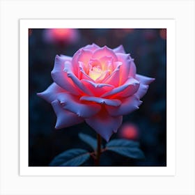 A Dreamy Rose With Petals Of Cascading, Neon Light Blooming In A Surreal Garden 1 Art Print