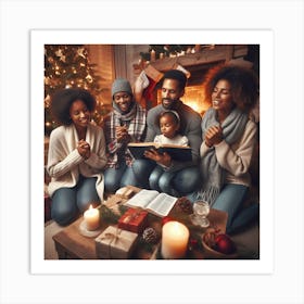 Family Reading Bible In Front Of Christmas Tree Art Print