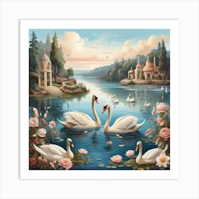 Lake and Swans in Boho Style 2 Art Print