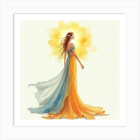 Radiant Goddess With A Flowing Gown, Watercolor Painting 1 Art Print