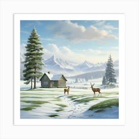 Winter Scene With Deer And Cabin Art Print