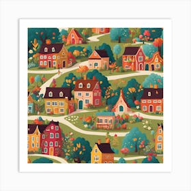 Seamless Pattern With Houses And Trees Art Print