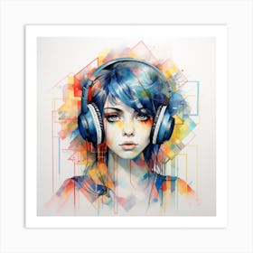 Girl With Headphones Colourful Geometric Watercolour And Pencil Art Print