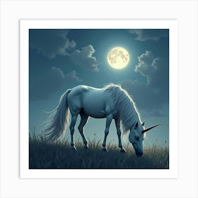 A Majestic Unicorn With A Flowing Mane, Grazing In A Moonlit Meadow 1 Art Print