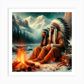 Oil Texture Native American Couple By Stream 3 Copy Art Print