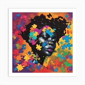 female face silhouette and then mask shattering into big puzzle pieces Art Print