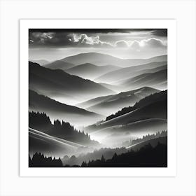 An Evocative Black And White Digital Landscape Featuring Rolling Foggy Hills Using Only Shades Of Monochrome To Highlight Light, Shadows, And Textures For Added Atmospheric Effects 1 Art Print